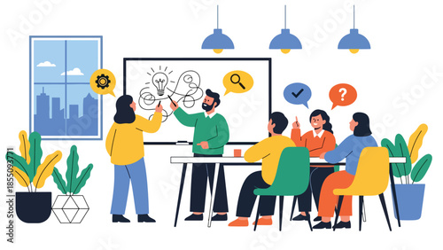 Modern flat vector illustration of office brainstorming session with people writing ideas on whiteboard, friendly rounded shapes, ideal for innovation themes