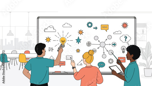 Modern flat vector illustration of office brainstorming session with people writing ideas on whiteboard, friendly rounded shapes, ideal for innovation themes