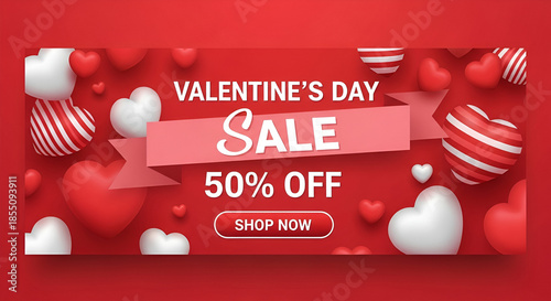 Valentine's Day Big Sale Vector Banner with Patterned Hearts and 50 Percent Off Discount on Blue Background