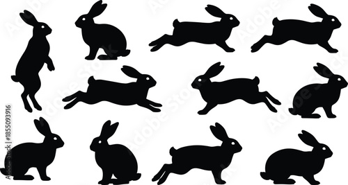Nature rabbit and hare silhouettes set showing wild animals running jumping resting isolated black vector wildlife illustration collection