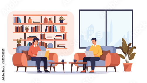 Modern flat vector illustration of people working in office lounge area with sofa and laptops, friendly style, ideal for modern workplace visuals