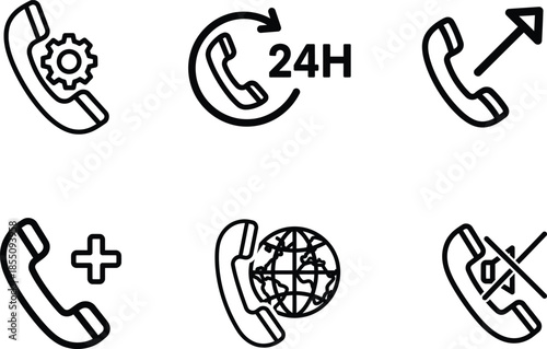 black and white line icons of telephone handsets with various symbols