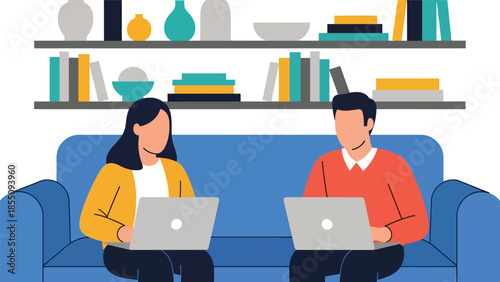 Modern flat vector illustration of people working in office lounge area with sofa and laptops, friendly style, ideal for modern workplace visuals