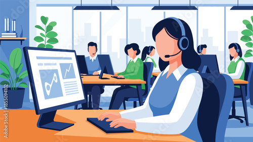 Modern flat vector illustration of customer support team working in office with headsets, friendly rounded shapes, ideal for service and helpdesk themes