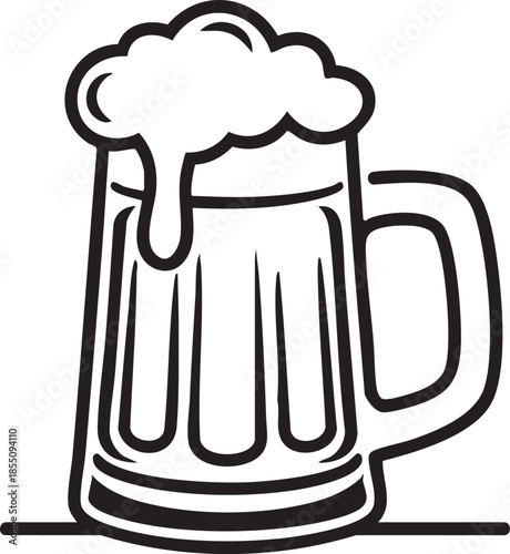 Black and white illustration of a full beer mug with overflowing foam