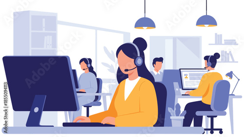 Modern flat vector illustration of customer support team working in office with headsets, friendly rounded shapes, ideal for service and helpdesk themes