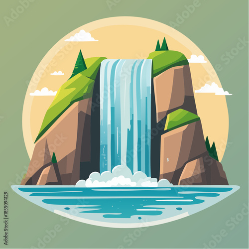 Cartoon illustration of a waterfall cascading into a pool of water.