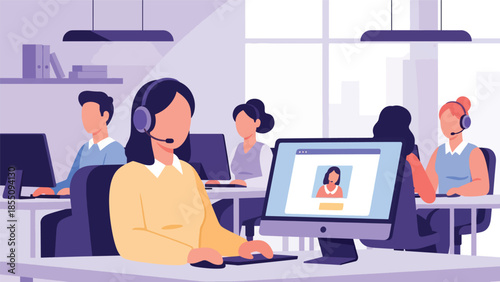 Modern flat vector illustration of customer support team working in office with headsets, friendly rounded shapes, ideal for service and helpdesk themes