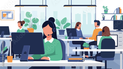 Modern flat vector illustration of customer support team working in office with headsets, friendly rounded shapes, ideal for service and helpdesk themes
