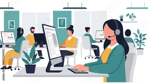 Modern flat vector illustration of customer support team working in office with headsets, friendly rounded shapes, ideal for service and helpdesk themes