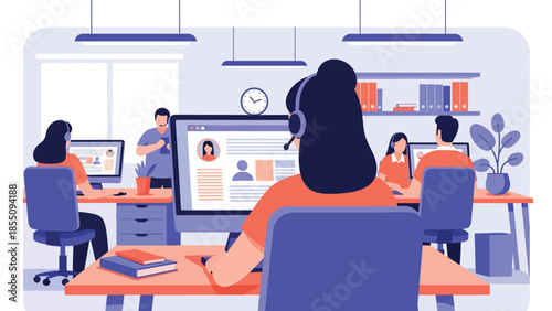 Modern flat vector illustration of customer support team working in office with headsets, friendly rounded shapes, ideal for service and helpdesk themes