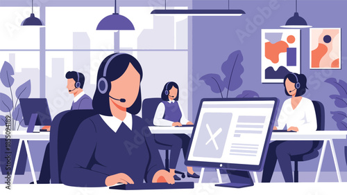 Modern flat vector illustration of customer support team working in office with headsets, friendly rounded shapes, ideal for service and helpdesk themes