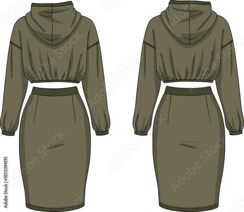Olive Green Long Sleeve and Pencil Skirt Outfit Front and Back View long sleeve pencil skirt