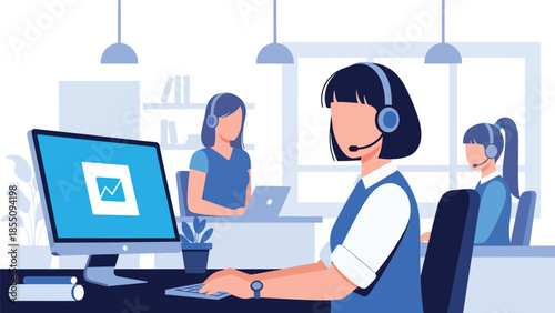 Modern flat vector illustration of customer support team working in office with headsets, friendly rounded shapes, ideal for service and helpdesk themes