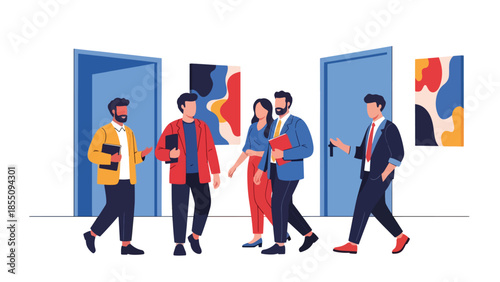 Modern flat vector illustration of coworkers walking and talking in office hallway, friendly rounded shapes, ideal for workplace culture visuals