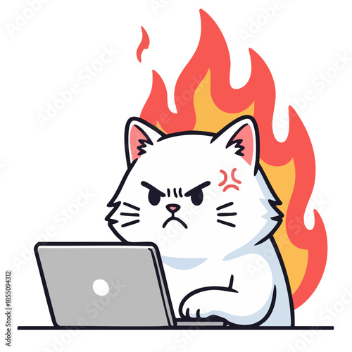 Furious Feline Online: An animated illustration of a cute white cat looking angry, with flames surrounding the head, working on a laptop.