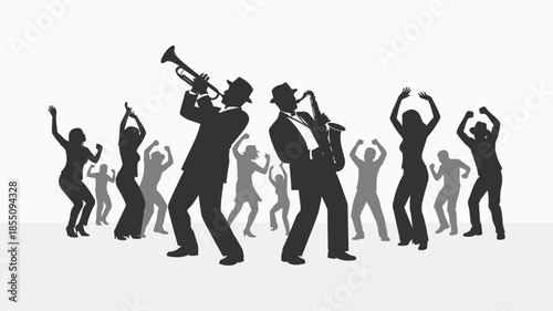 Silhouettes of musicians playing with people dancing at a party