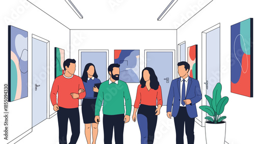 Modern flat vector illustration of coworkers walking and talking in office hallway, friendly rounded shapes, ideal for workplace culture visuals