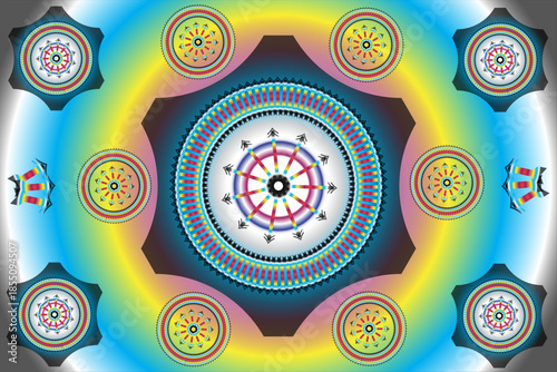 Vibrant spiritual mandala with dharmachakra symbols