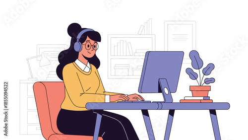 Modern flat vector illustration of woman working in open plan office at shared desk, friendly rounded style, ideal for modern workplace visuals