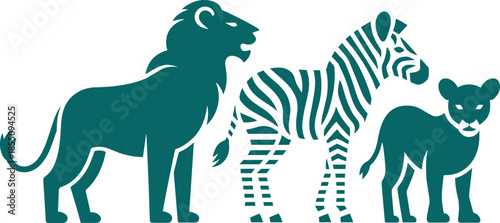 Minimal black and white African wildlife silhouette illustration with lion, zebra and cub, safari animals vector design collection