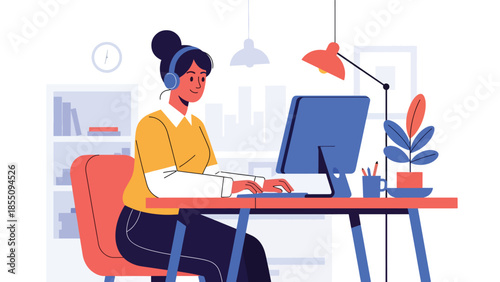 Modern flat vector illustration of woman working in open plan office at shared desk, friendly rounded style, ideal for modern workplace visuals