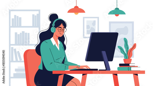 Modern flat vector illustration of woman working in open plan office at shared desk, friendly rounded style, ideal for modern workplace visuals