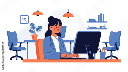Modern flat vector illustration of woman working in open plan office at shared desk, friendly rounded style, ideal for modern workplace visuals