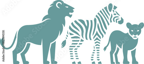 Minimal black and white African wildlife silhouette illustration with lion, zebra and cub, safari animals vector design collection