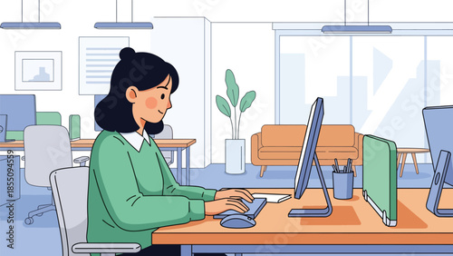 Modern flat vector illustration of woman working in open plan office at shared desk, friendly rounded style, ideal for modern workplace visuals