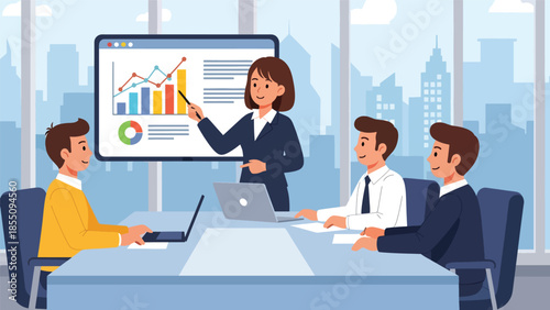 Modern flat vector illustration of woman giving business presentation in office meeting room, professional scene, ideal for training and corporate design