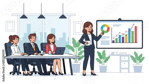 Modern flat vector illustration of woman giving business presentation in office meeting room, professional scene, ideal for training and corporate design