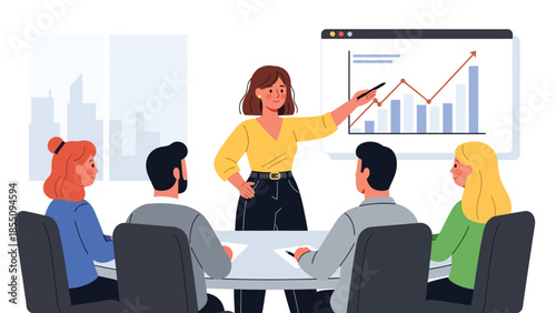 Modern flat vector illustration of woman giving business presentation in office meeting room, professional scene, ideal for training and corporate design