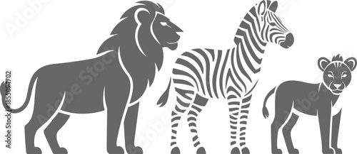 Minimal black and white African wildlife silhouette illustration with lion, zebra and cub, safari animals vector design collection