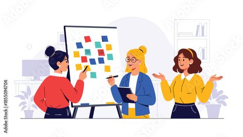 Modern flat vector illustration of women brainstorming ideas together in office with whiteboard and notes, friendly style, ideal for creative teamwork themes
