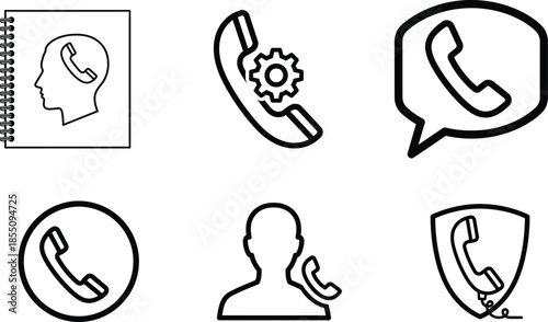 Black line icons of phone and customer service concepts