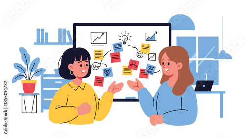 Modern flat vector illustration of women brainstorming ideas together in office with whiteboard and notes, friendly style, ideal for creative teamwork themes