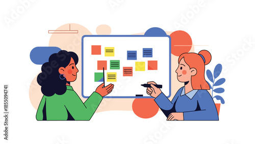 Modern flat vector illustration of women brainstorming ideas together in office with whiteboard and notes, friendly style, ideal for creative teamwork themes