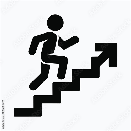 Solid black icon depicting a person running quickly up a flight of stairs with an upward pointing arrow