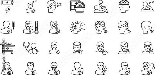 Vector line icons set illustrating medical symptoms, sick patient care, hospital treatment, doctor, nurse, virus infection, flu, and emergency healthcare.