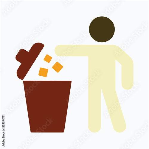 Stylized icon showing a person disposing of garbage into a trash can properly