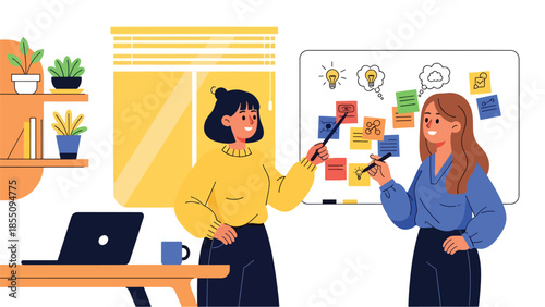 Modern flat vector illustration of women brainstorming ideas together in office with whiteboard and notes, friendly style, ideal for creative teamwork themes