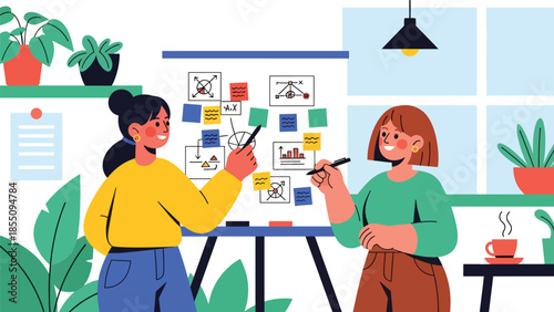 Modern flat vector illustration of women brainstorming ideas together in office with whiteboard and notes, friendly style, ideal for creative teamwork themes
