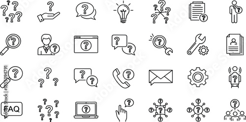Vector line icons set representing question marks, faq, customer support, help desk, problem solving, ideas, communication, and information search symbols.