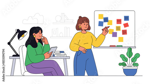 Modern flat vector illustration of women brainstorming ideas together in office with whiteboard and notes, friendly style, ideal for creative teamwork themes