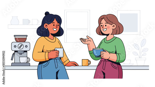 Modern flat vector illustration of women chatting during office coffee break in kitchen area, friendly style, ideal for workplace lifestyle visuals