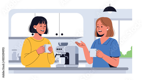 Modern flat vector illustration of women chatting during office coffee break in kitchen area, friendly style, ideal for workplace lifestyle visuals