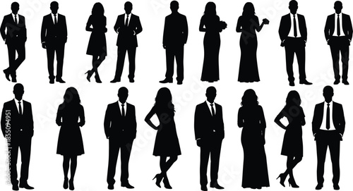 Silhouettes of people in business attire standing in various poses formal wear