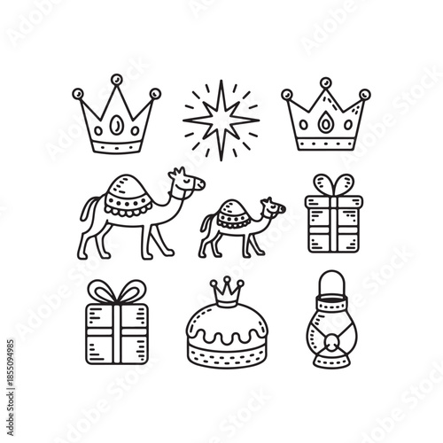 Epiphany Doodle Icon Set  Hand-Drawn Three Kings & Holiday Symbols