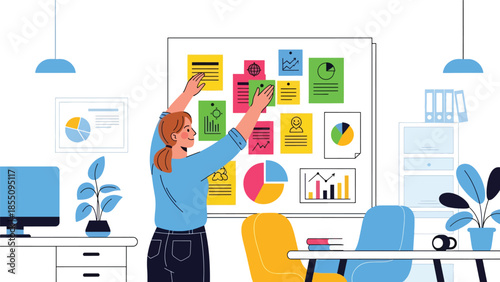 Modern flat vector illustration of woman organizing tasks and notes in office, productivity planning scene, ideal for project management visuals